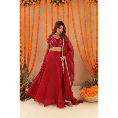 DEASHA INDIA Rasha Red Detailed Lehenga with Blouse and Dupatta