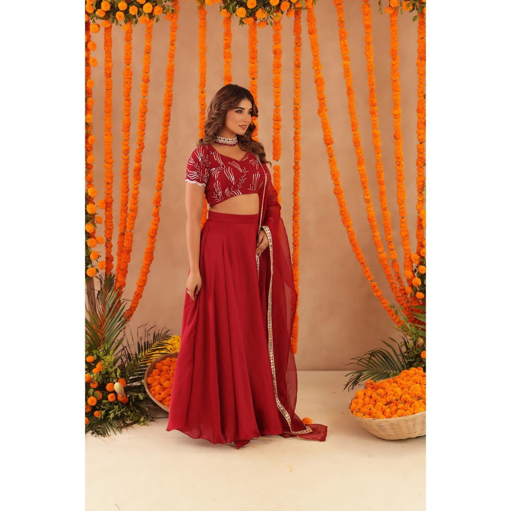 DEASHA INDIA Rasha Red Detailed Lehenga with Blouse and Dupatta