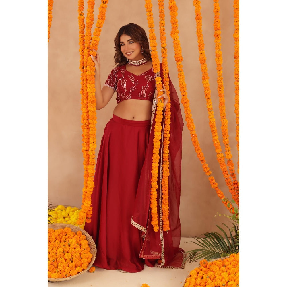 DEASHA INDIA Rasha Red Detailed Lehenga with Blouse and Dupatta
