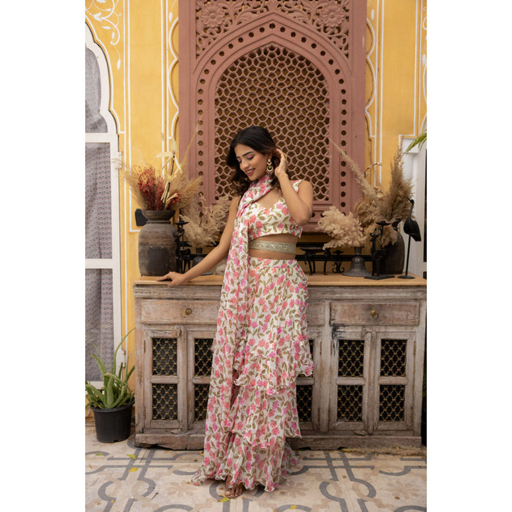 DEASHA INDIA Megan Jasmine White Floral Printed Saree with Stitched Blouse and Belt
