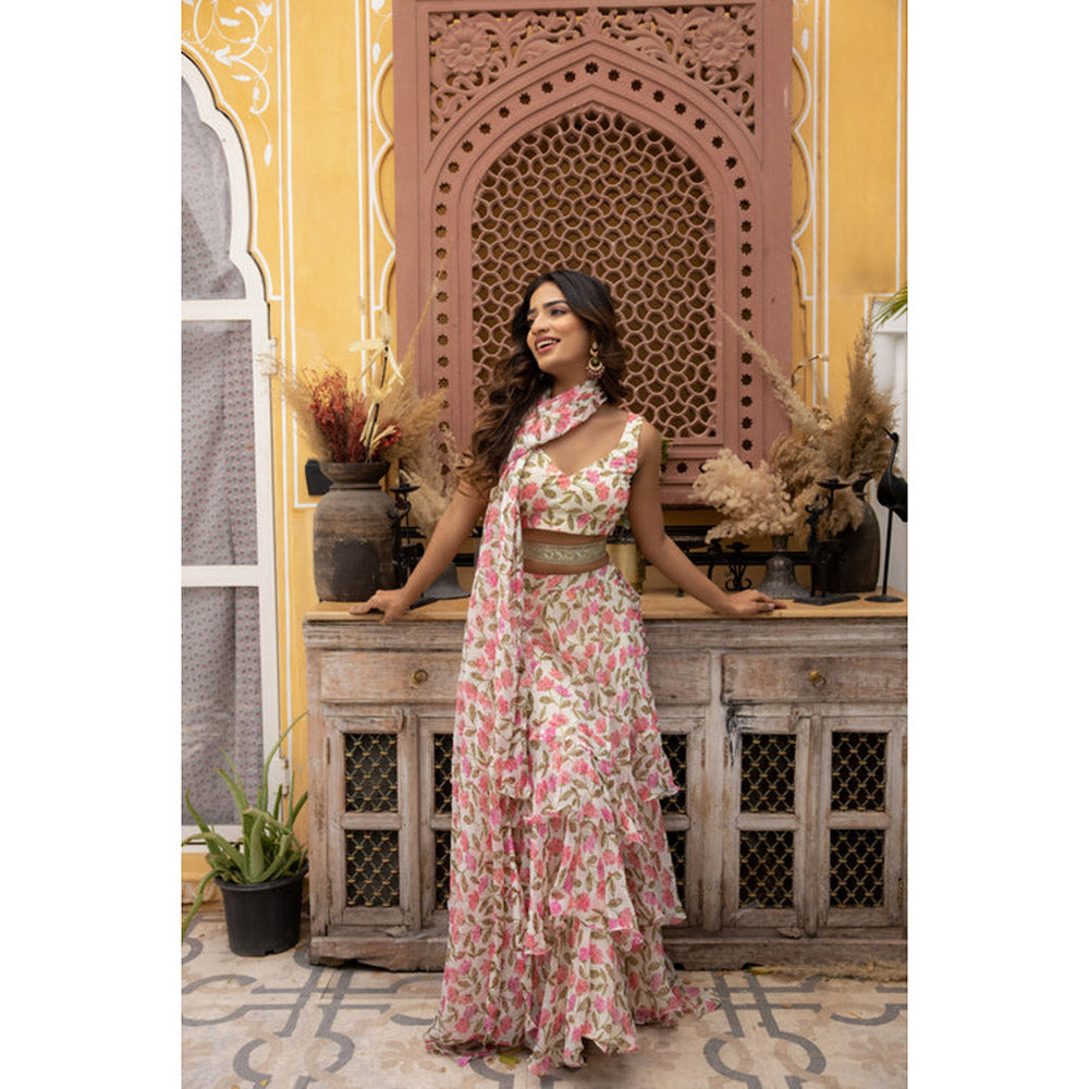 DEASHA INDIA Megan Jasmine White Floral Printed Saree with Stitched Blouse and Belt