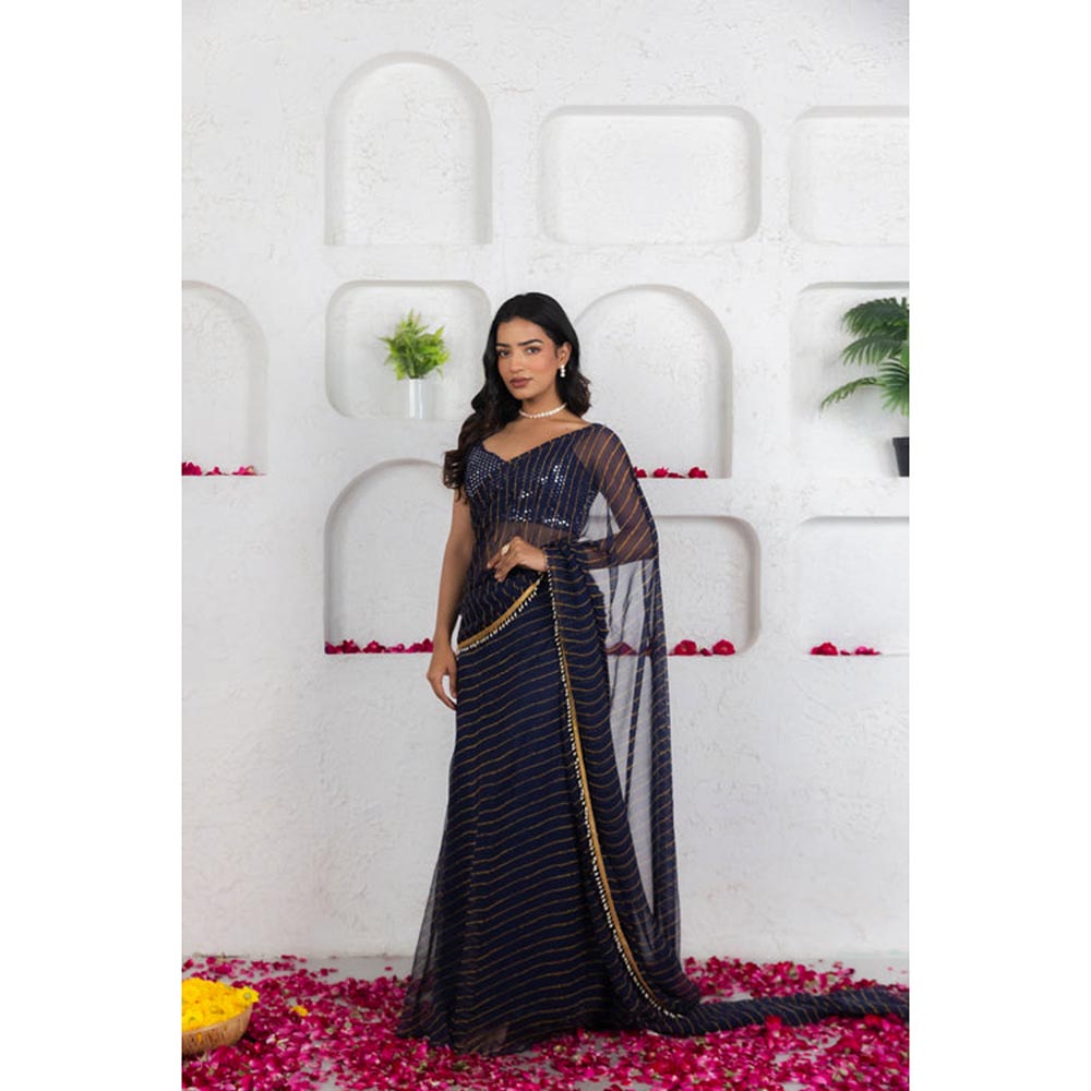 DEASHA INDIA Kairi Midnight Blue Leheriya Predraped Saree with Stitched Blouse