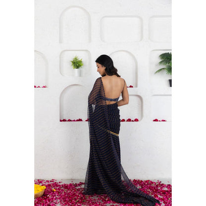 DEASHA INDIA Kairi Midnight Blue Leheriya Predraped Saree with Stitched Blouse