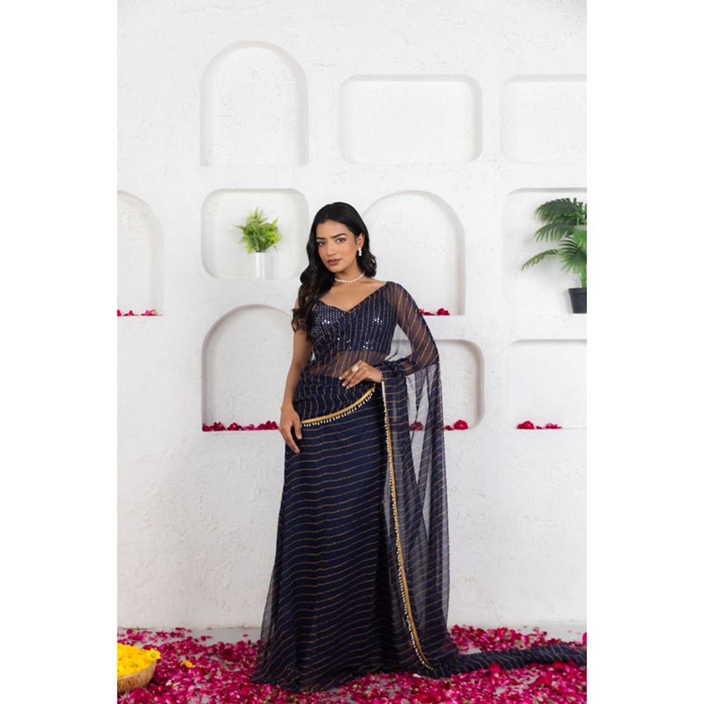 DEASHA INDIA Kairi Midnight Blue Leheriya Predraped Saree with Stitched Blouse