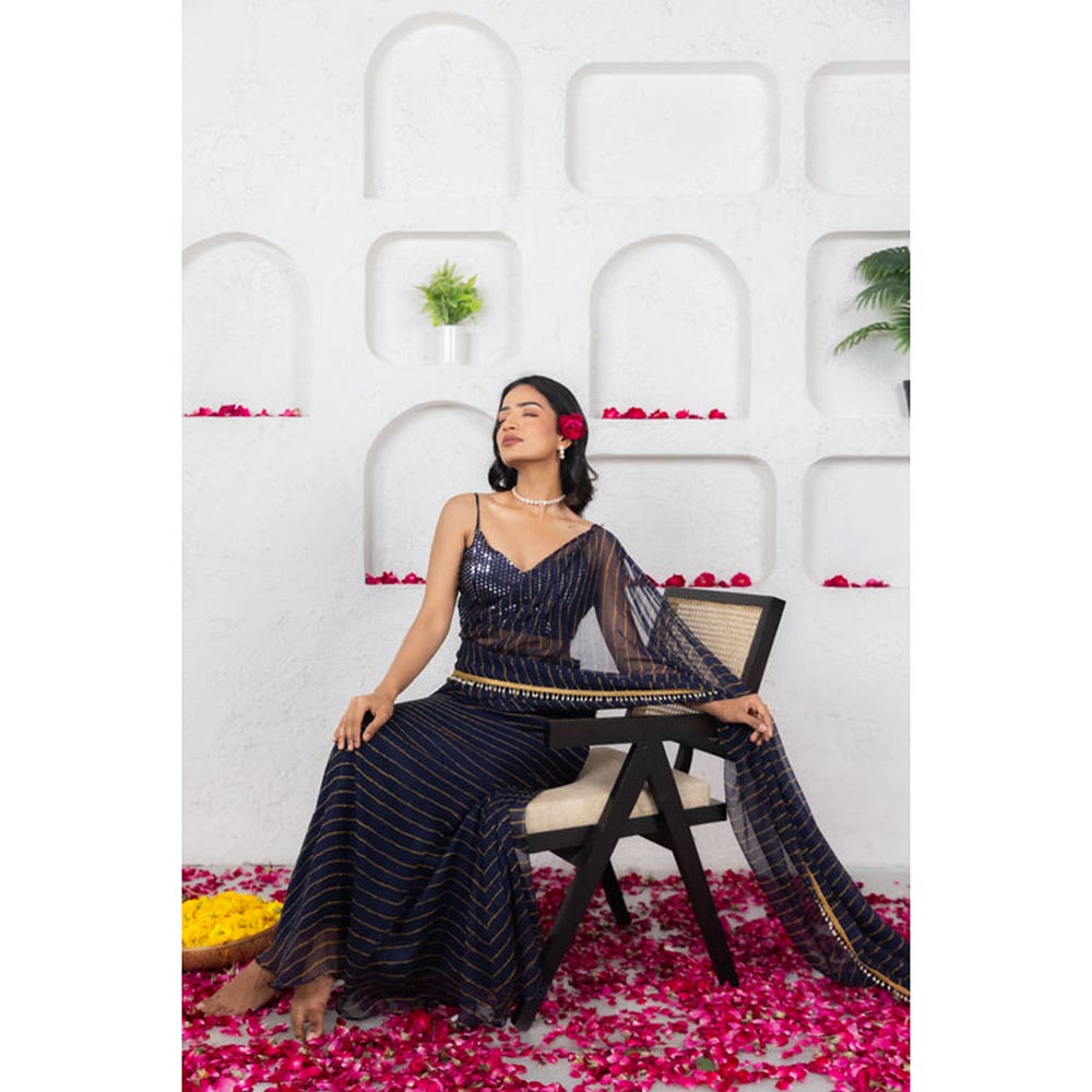 DEASHA INDIA Kairi Midnight Blue Leheriya Predraped Saree with Stitched Blouse