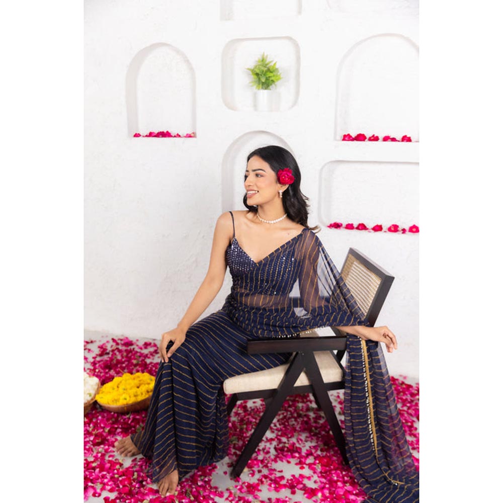DEASHA INDIA Kairi Midnight Blue Leheriya Predraped Saree with Stitched Blouse