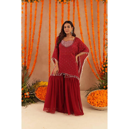 DEASHA INDIA Women Red Georgette Embroidered Blouse with Kaftan and Sharara