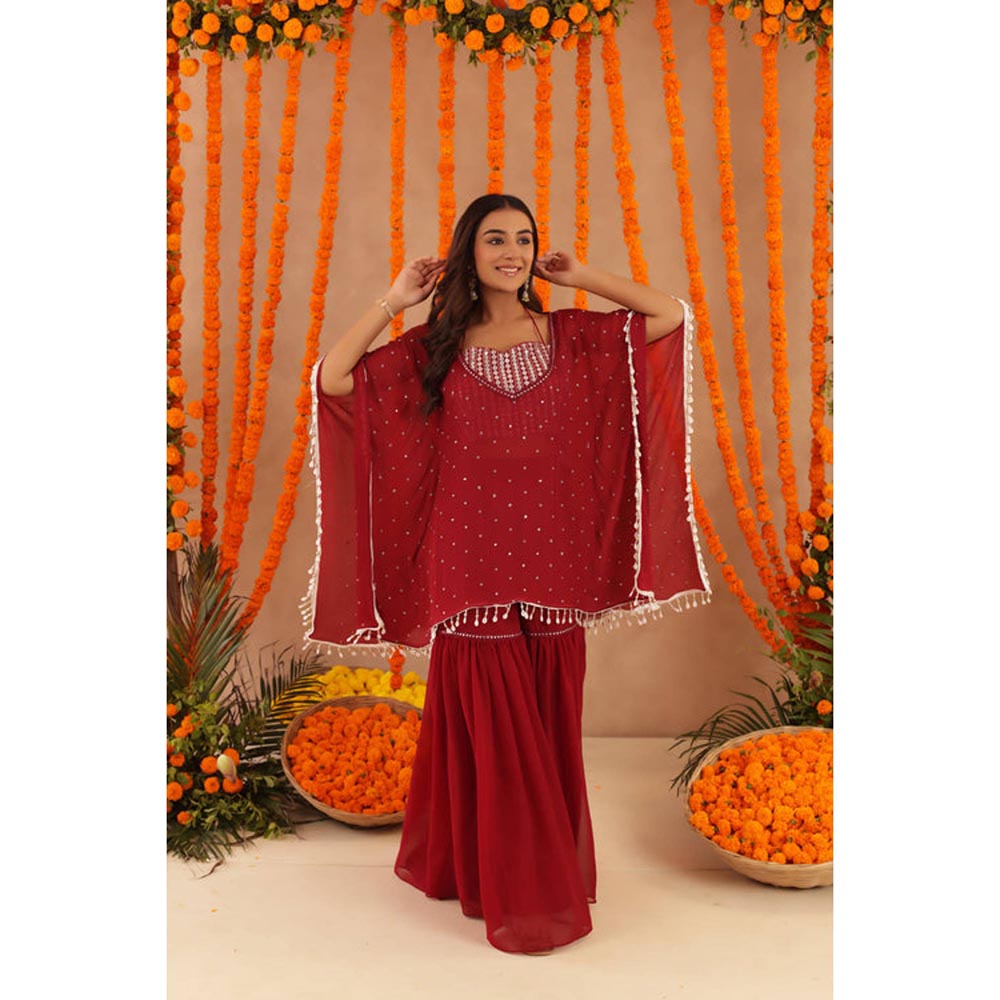 DEASHA INDIA Women Red Georgette Embroidered Blouse with Kaftan and Sharara