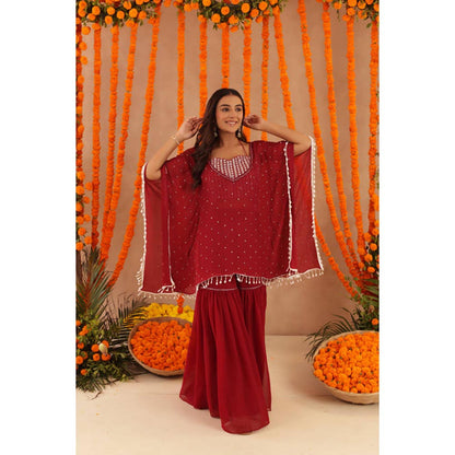 DEASHA INDIA Women Red Georgette Embroidered Blouse with Kaftan and Sharara