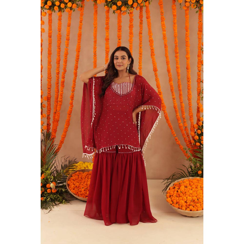 DEASHA INDIA Women Red Georgette Embroidered Blouse with Kaftan and Sharara