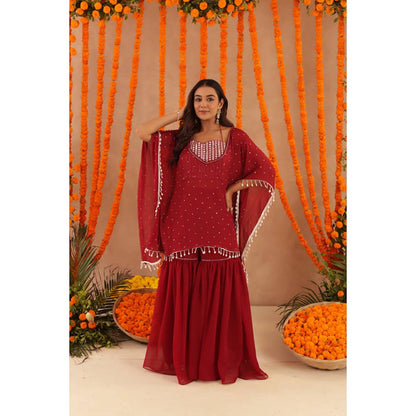 DEASHA INDIA Women Red Georgette Embroidered Blouse with Kaftan and Sharara