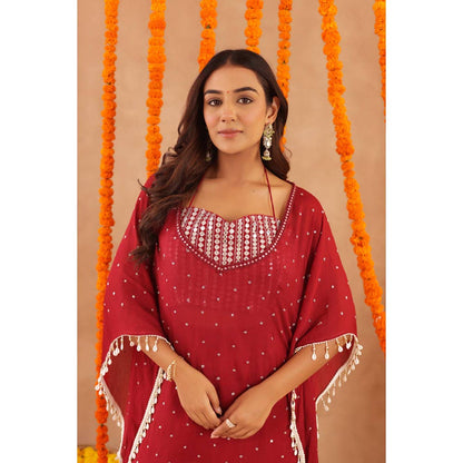 DEASHA INDIA Women Red Georgette Embroidered Blouse with Kaftan and Sharara