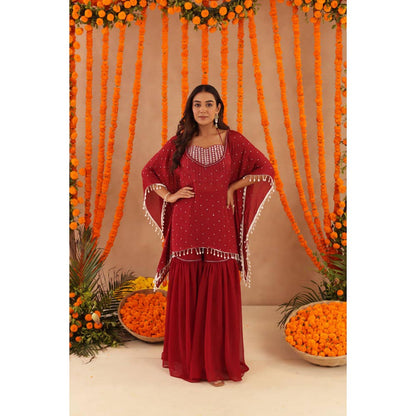 DEASHA INDIA Women Red Georgette Embroidered Blouse with Kaftan and Sharara
