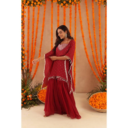 DEASHA INDIA Women Red Georgette Embroidered Blouse with Kaftan and Sharara