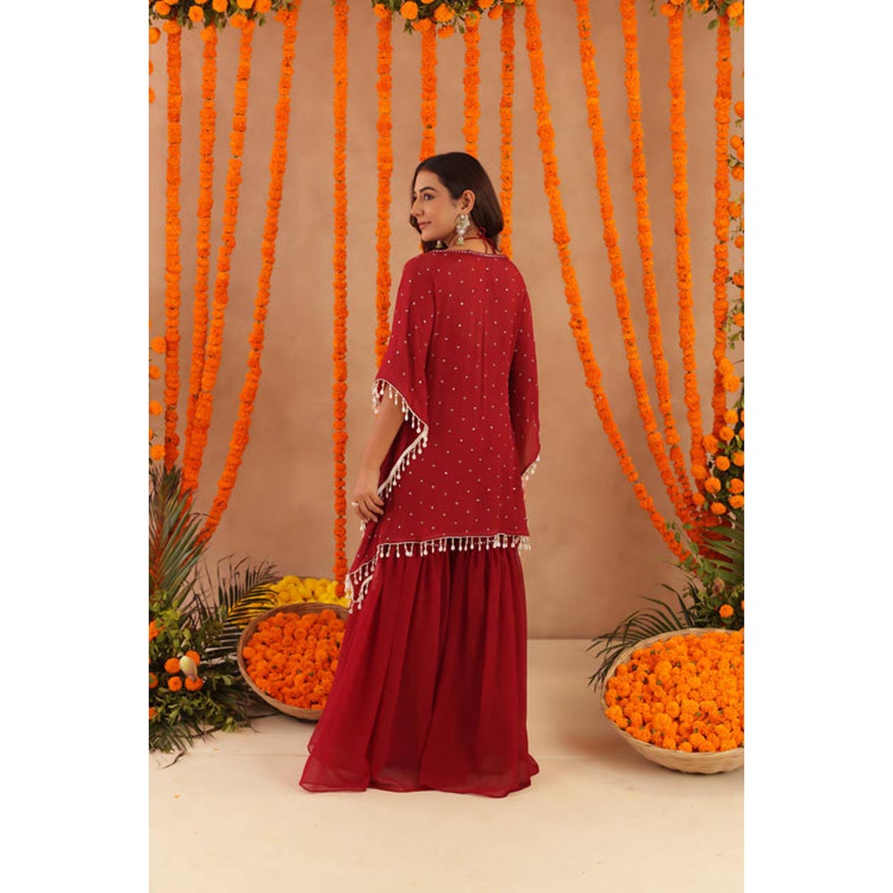 DEASHA INDIA Women Red Georgette Embroidered Blouse with Kaftan and Sharara
