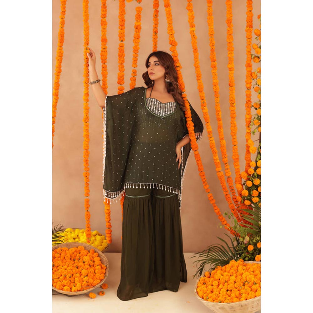 DEASHA INDIA Women Green Georgette Embroidered Blouse with Kaftan and Sharara