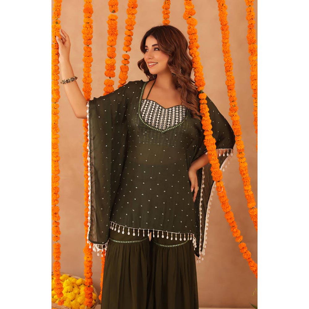 DEASHA INDIA Women Green Georgette Embroidered Blouse with Kaftan and Sharara