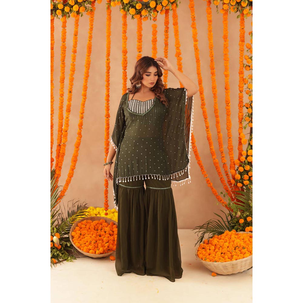 DEASHA INDIA Women Green Georgette Embroidered Blouse with Kaftan and Sharara