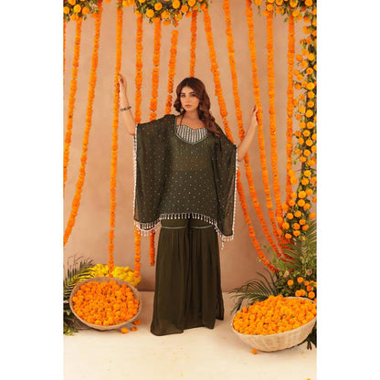 DEASHA INDIA Women Green Georgette Embroidered Blouse with Kaftan and Sharara