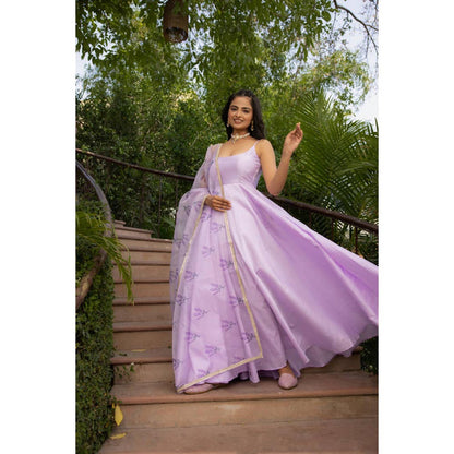 DEASHA INDIA Women Lavender Silk Embroidered Anarkali Kurta with Pant and Dupatta