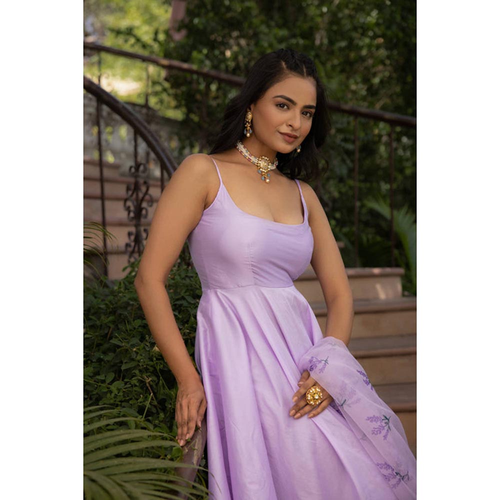 DEASHA INDIA Women Lavender Silk Embroidered Anarkali Kurta with Pant and Dupatta