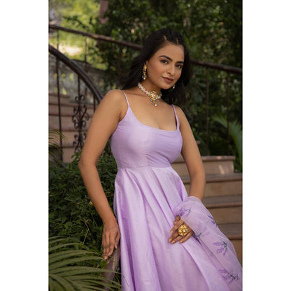 DEASHA INDIA Women Lavender Silk Embroidered Anarkali Kurta with Pant and Dupatta