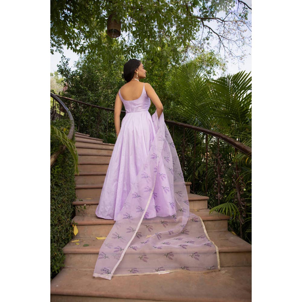 DEASHA INDIA Women Lavender Silk Embroidered Anarkali Kurta with Pant and Dupatta