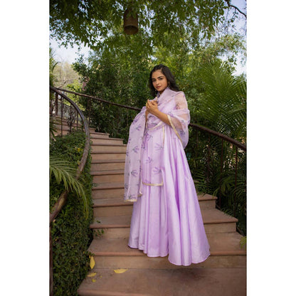 DEASHA INDIA Women Lavender Silk Embroidered Anarkali Kurta with Pant and Dupatta