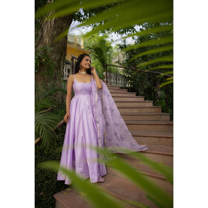 DEASHA INDIA Women Lavender Silk Embroidered Anarkali Kurta with Pant and Dupatta
