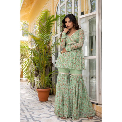 DEASHA INDIA Women Green Chiffon Floral Kurta with Sharara