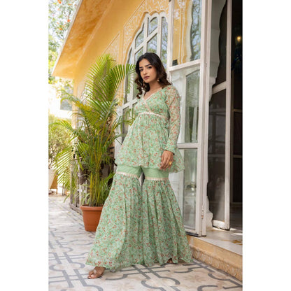 DEASHA INDIA Women Green Chiffon Floral Kurta with Sharara