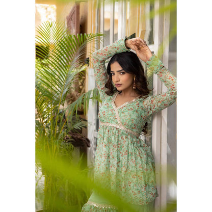 DEASHA INDIA Women Green Chiffon Floral Kurta with Sharara