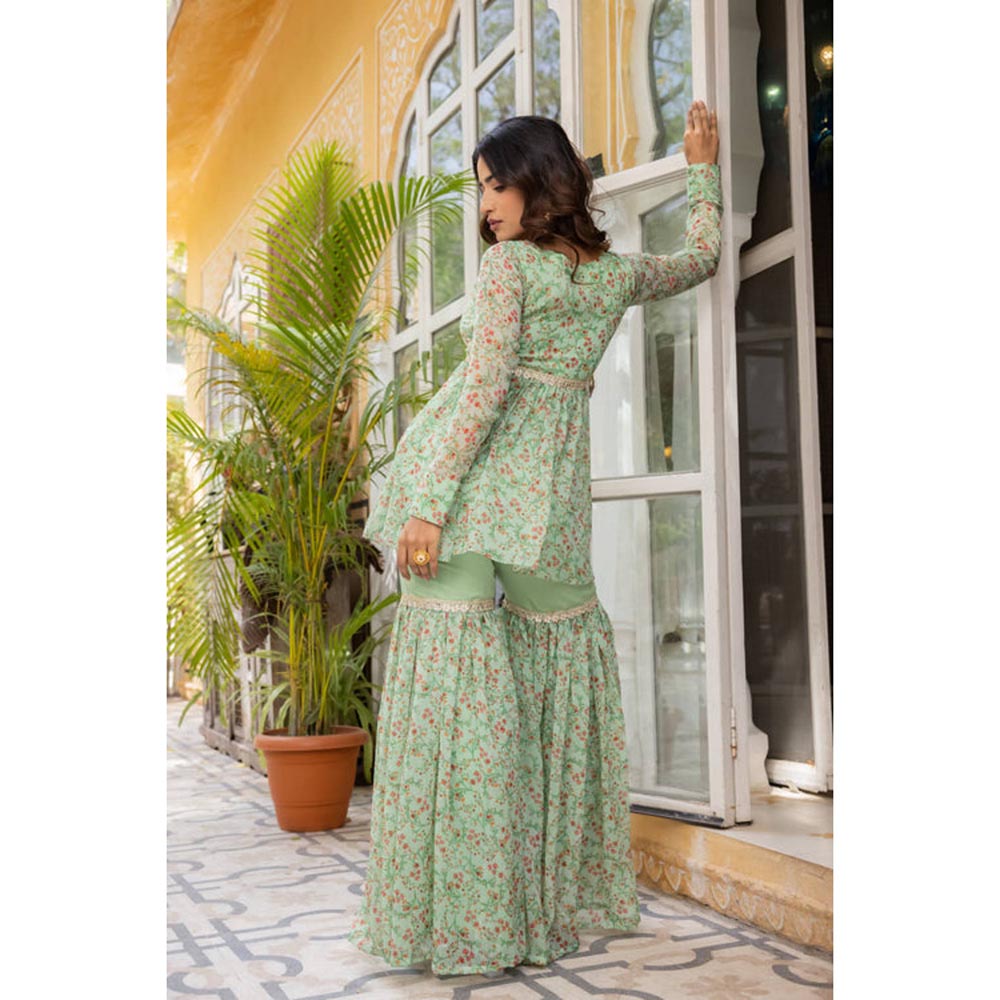 DEASHA INDIA Women Green Chiffon Floral Kurta with Sharara