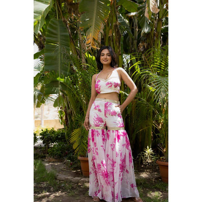 DEASHA INDIA Women Pink Chiffon Floral Blouse with Sharara