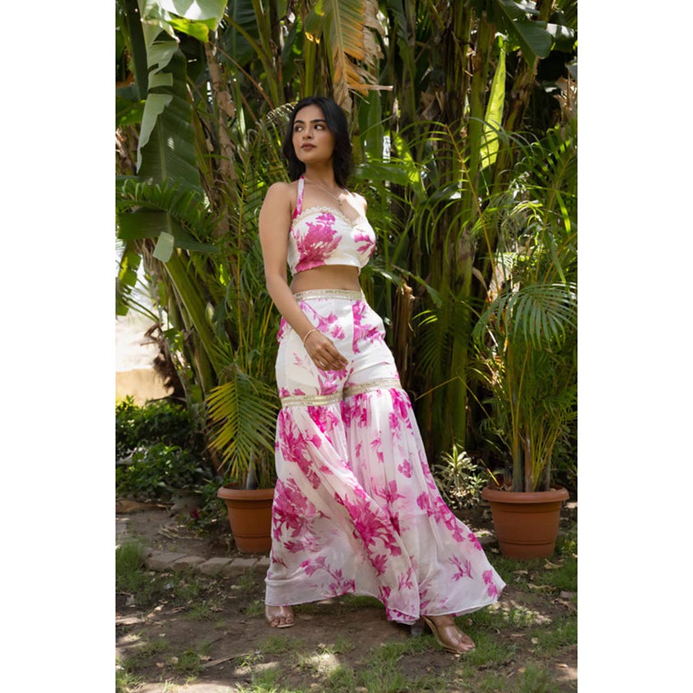 DEASHA INDIA Women Pink Chiffon Floral Blouse with Sharara