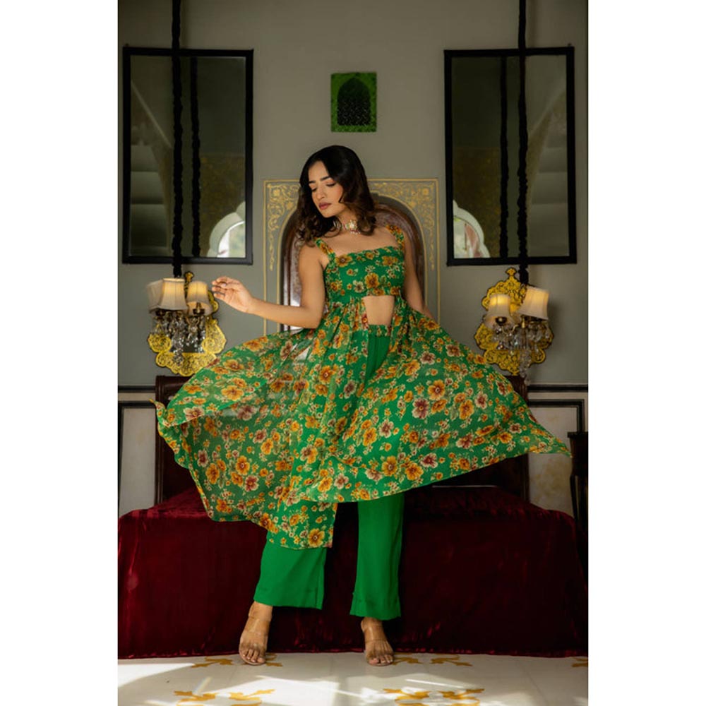 DEASHA INDIA Women Green Chiffon Floral Kurta with Pant
