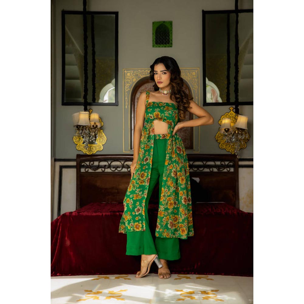 DEASHA INDIA Women Green Chiffon Floral Kurta with Pant