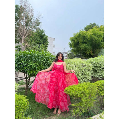 DEASHA INDIA Pink Organza Shoulder Straps Floral Printed Anarkali Kurta With Pant And Dupatta