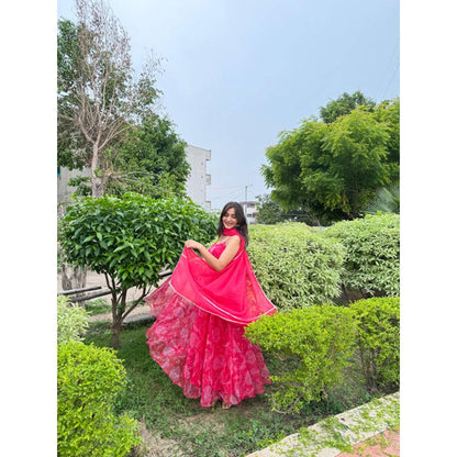 DEASHA INDIA Pink Organza Shoulder Straps Floral Printed Anarkali Kurta With Pant And Dupatta