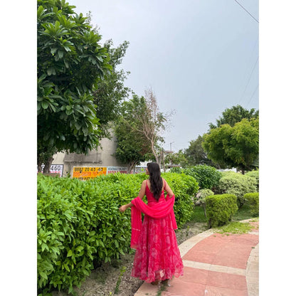 DEASHA INDIA Pink Organza Shoulder Straps Floral Printed Anarkali Kurta With Pant And Dupatta