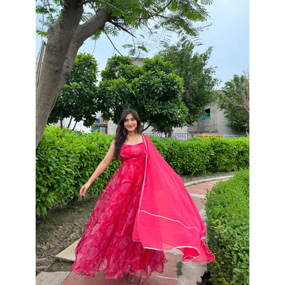 DEASHA INDIA Pink Organza Shoulder Straps Floral Printed Anarkali Kurta With Pant And Dupatta