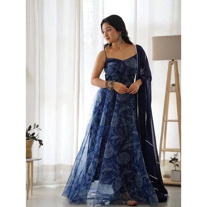 DEASHA INDIA Navy Blue Organza Floral Printed Anarkali Kurta With Pant And Dupatta