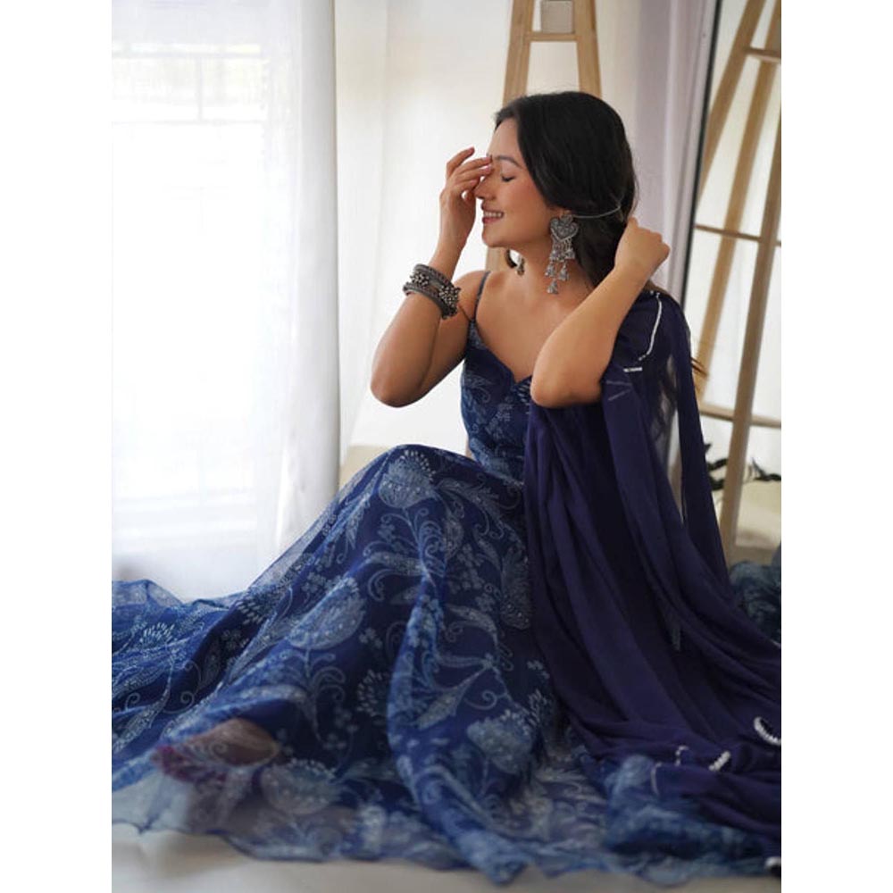 DEASHA INDIA Navy Blue Organza Floral Printed Anarkali Kurta With Pant And Dupatta
