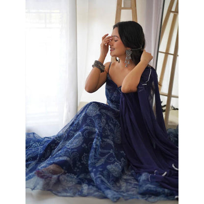 DEASHA INDIA Navy Blue Organza Floral Printed Anarkali Kurta With Pant And Dupatta