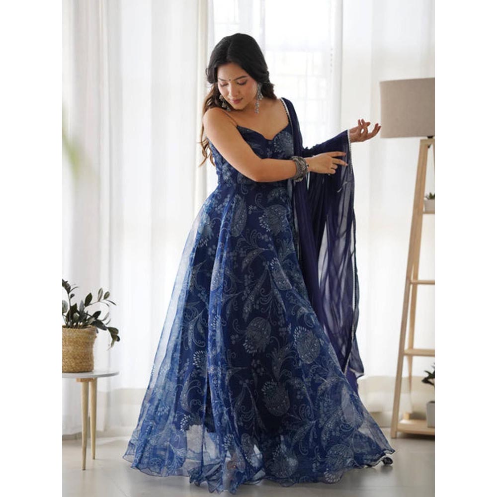 DEASHA INDIA Navy Blue Organza Floral Printed Anarkali Kurta With Pant And Dupatta