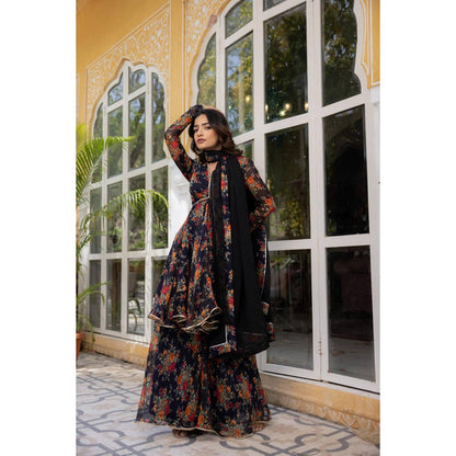 DEASHA INDIA Zahra Midnight Blue Floral Print Short Anarkali With Sharara Sets