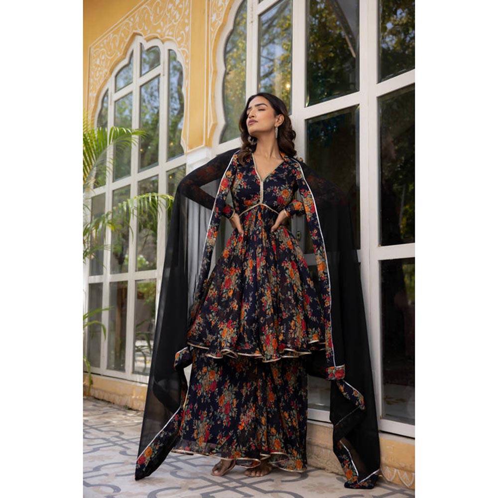 DEASHA INDIA Zahra Midnight Blue Floral Print Short Anarkali With Sharara Sets