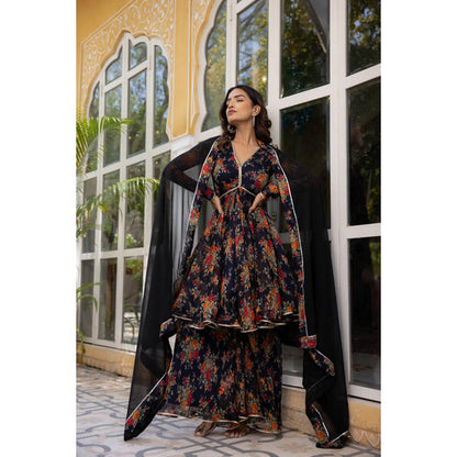 DEASHA INDIA Zahra Midnight Blue Floral Print Short Anarkali With Sharara Sets