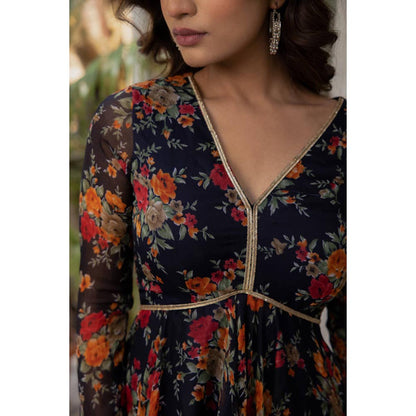DEASHA INDIA Zahra Midnight Blue Floral Print Short Anarkali With Sharara Sets