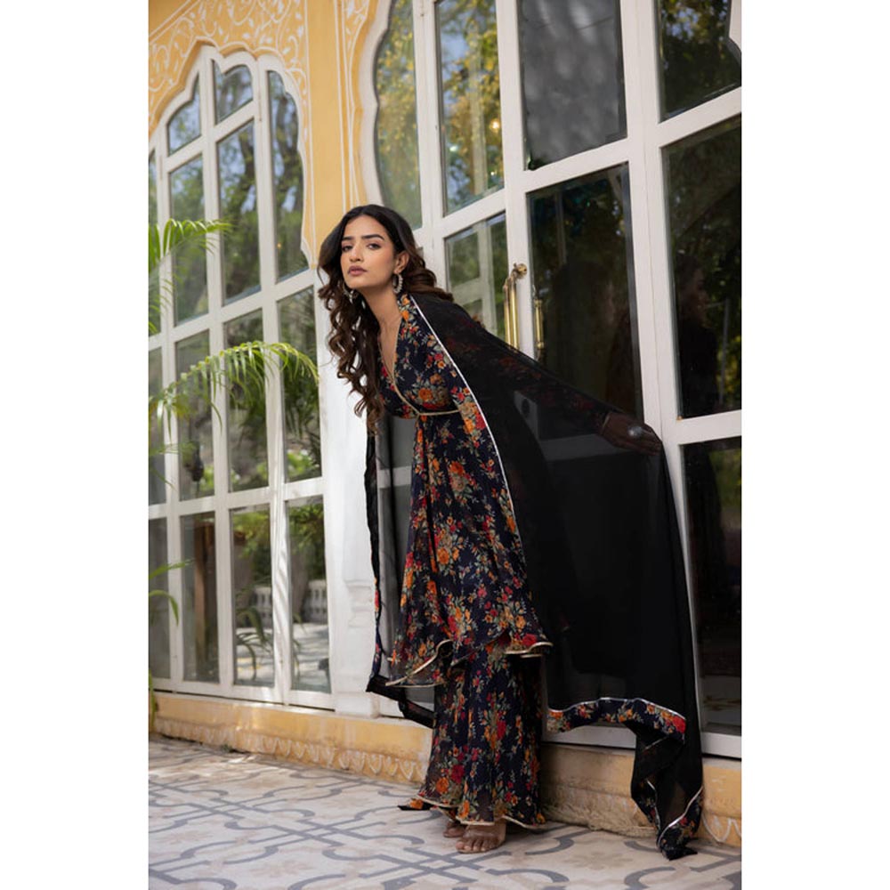 DEASHA INDIA Zahra Midnight Blue Floral Print Short Anarkali With Sharara Sets